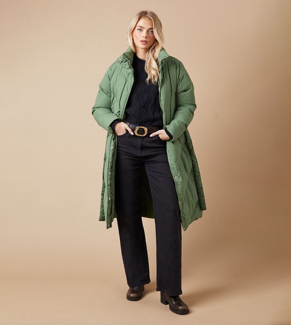 Belted Padded Funnel Neck Coat
