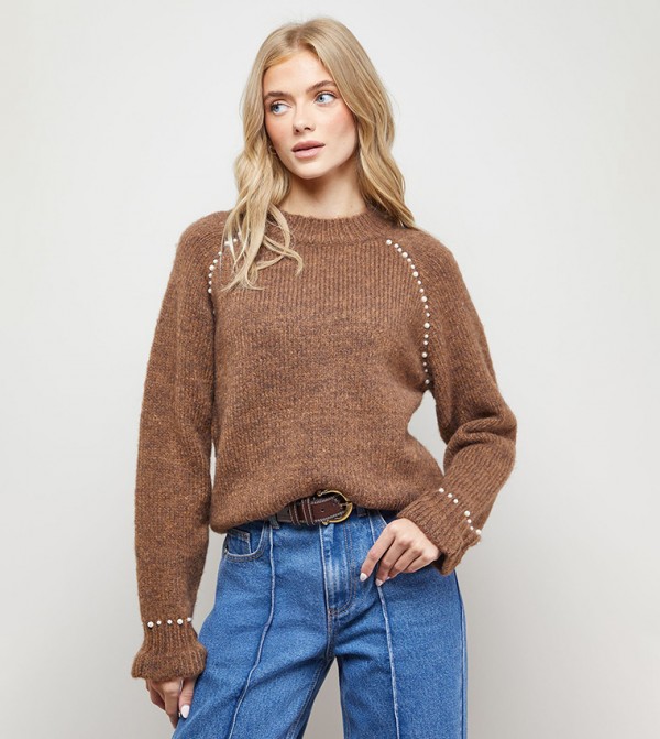 Pearl Detail Frill Cuff Crew Neck Sweater