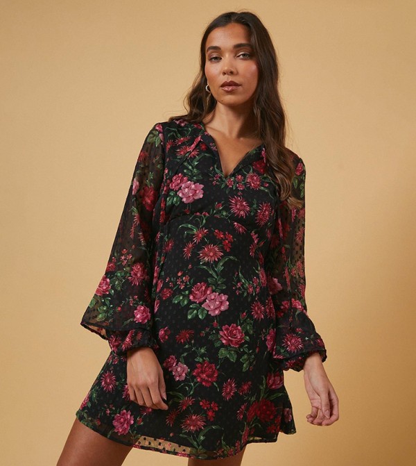 Petite Floral Print Tie Dobby Chiffon Mini Dress
