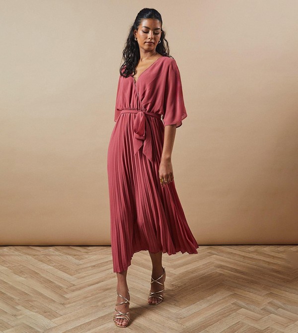 Petite Pleated V-Neck Midi Dress