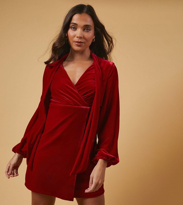 Petite Velvet Tie Neck Mini Dress