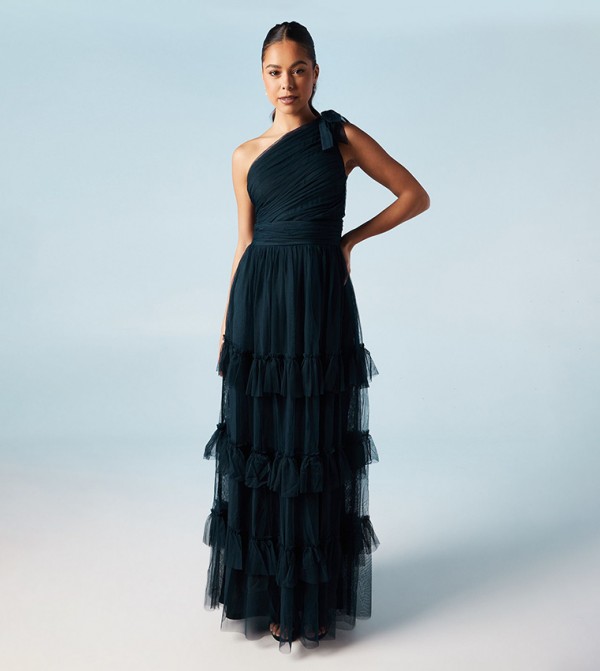 Pleated Mesh One Shoulder Layered Bridesmaids Dress