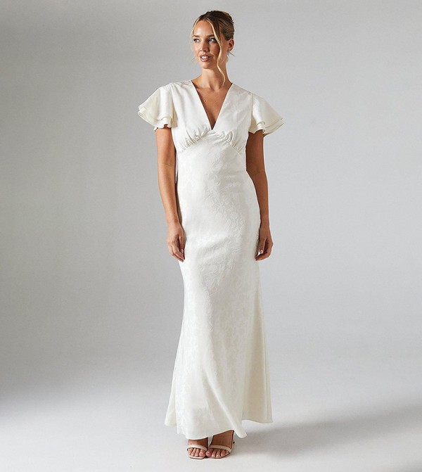 Jacquard V-Neck Flutter Sleeves Satin Bridesmaids Dress
