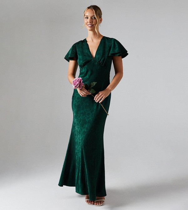 Jacquard V-Neck Flutter Sleeves Satin Bridesmaids Dress
