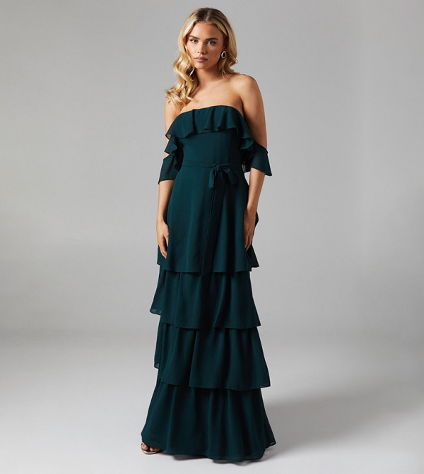 Petite Bardot Layered Tie Detail Bridesmaids Dress