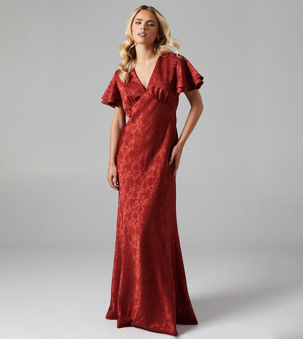 Petite V-Neck Flutter Sleeves Jacquard Bridesmaids Dress