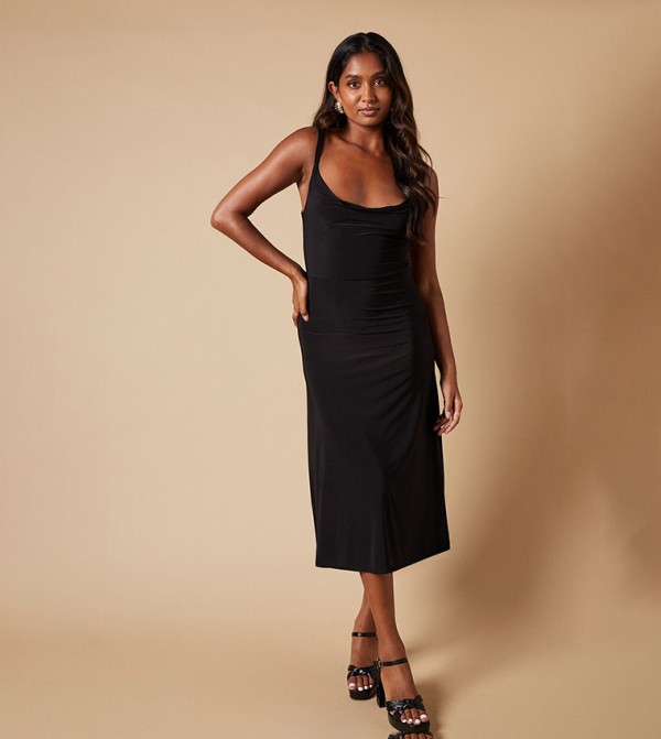 Solid Cowl Neck Midi Dress