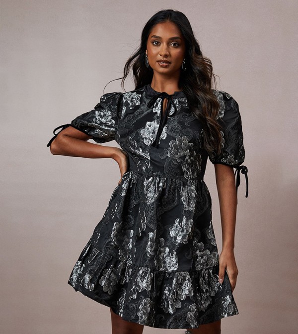 Metallic Jacquard Velvet Trim Mini Dress