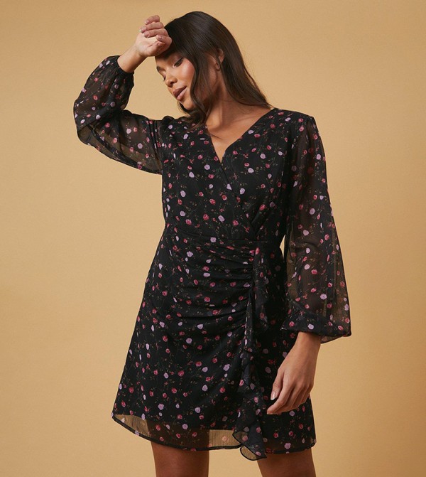 Petite Floral Print Ruffle Wrap Mini Dress