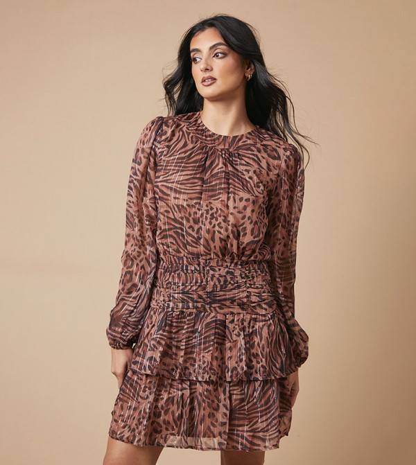 Animal Printed Chiffon Layered Mini Dress