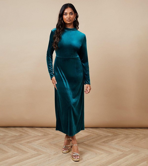 Velvet Mock Neck Twist Back Maxi Dress