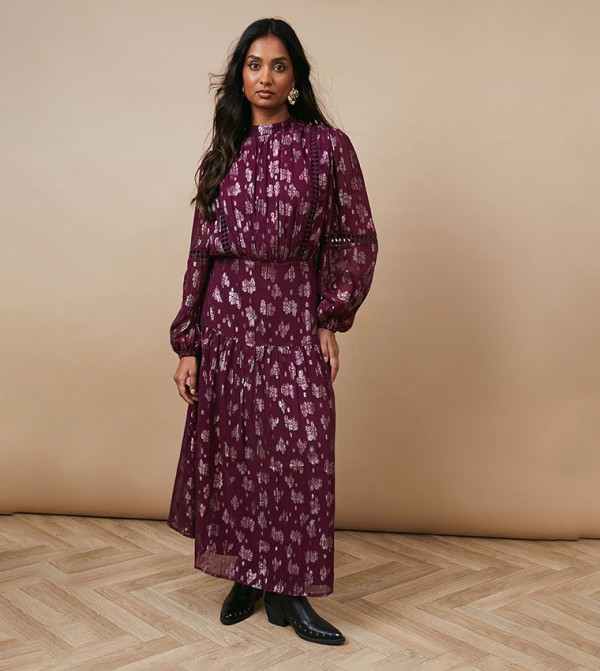 Metallic Jacquard Long Sleeves Maxi Dress