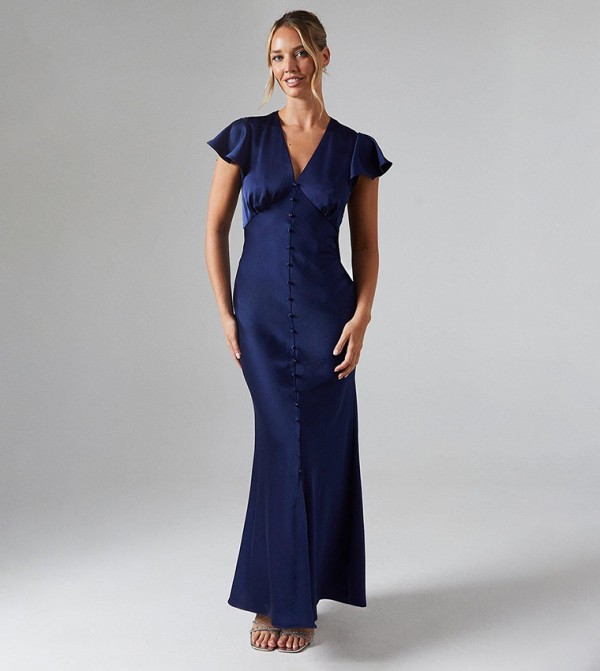 Button Detail V-Neck Satin Bridesmaids Maxi Dress