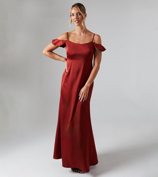 Cold Shoulder Satin Bridesmaids Maxi Dress