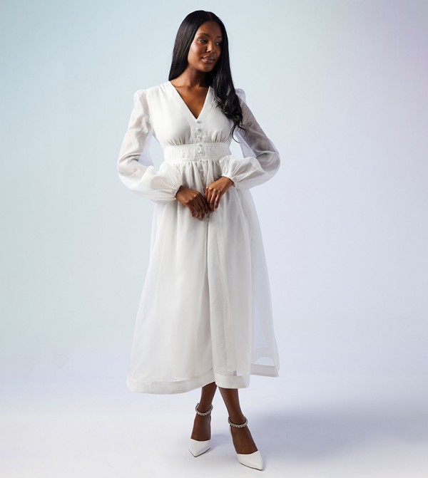 Organza V-Neck Button Through Bridal Midi Dress