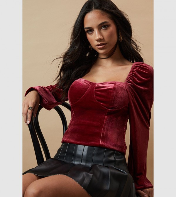 Velvet Sweetheart Neck Long Sleeves Top
