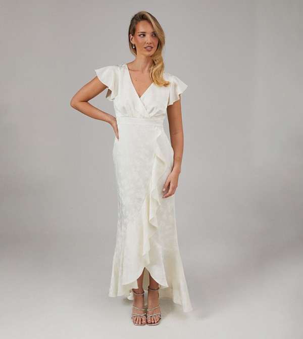 Satin Jacquard V-Neck Maxi Bridesmaids Dress