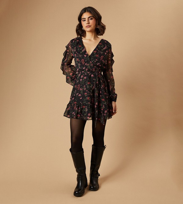 Floral Printed Ruffle Sleeves Mini Dress