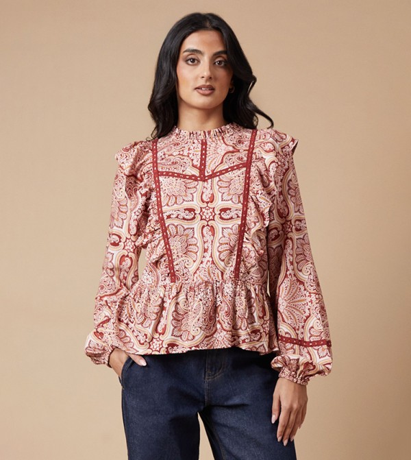 Paisley Printed Ruffle Lace Trim Top