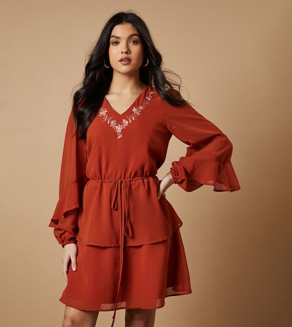 Embroidered Long Sleeves Layered Mini Dress