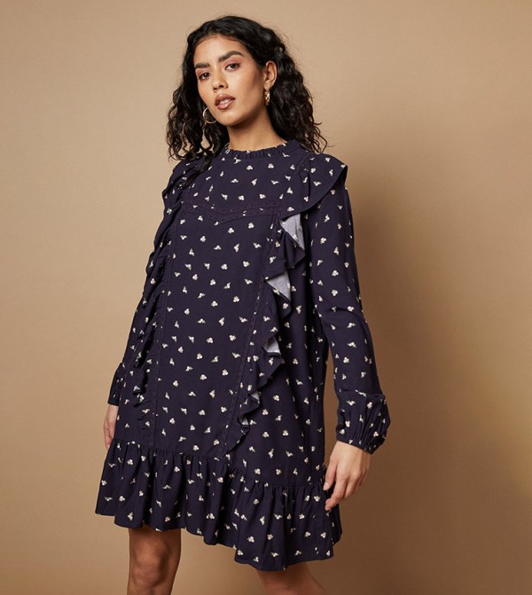Petite Ditsy Printed Ruffle Lace Trim Mini Dress