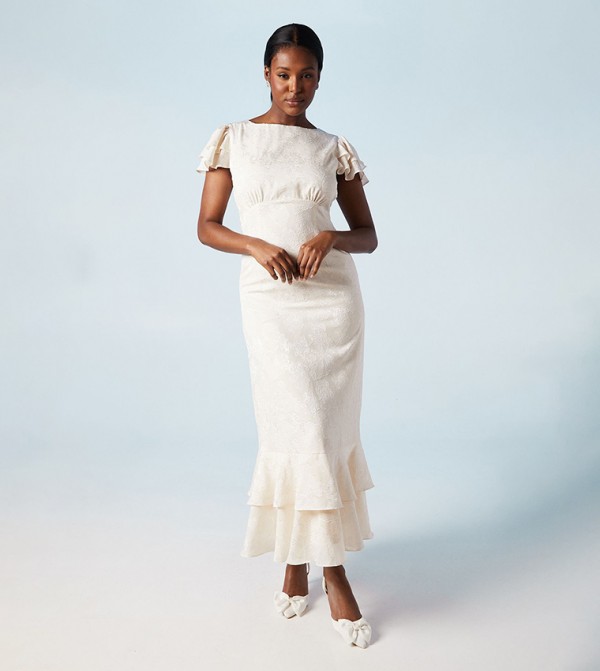 Satin Jacquard Flutter Sleeves Wedding Maxi Dress