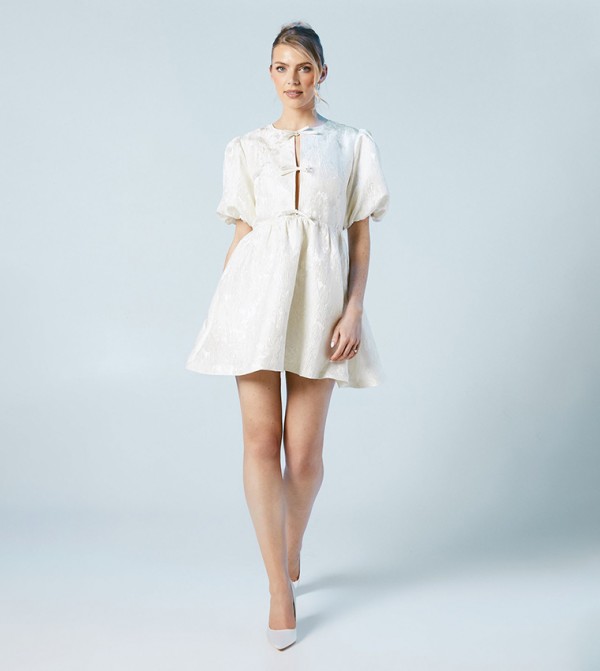 Puff Sleeves Jacquard Bow Front Mini Bridal Dress