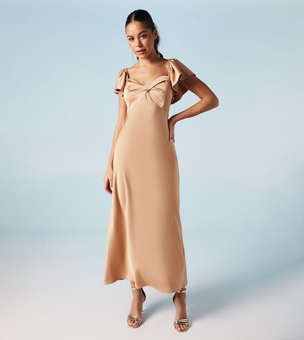 Twist Front Flutter Sleeves Bridesmaids Dress