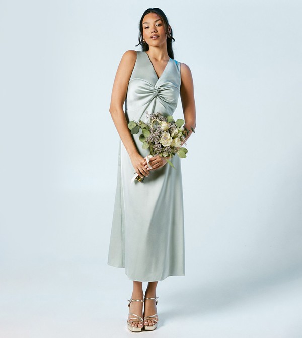 Twist V-Neck Tie Back Satin Bridesmaids Dress