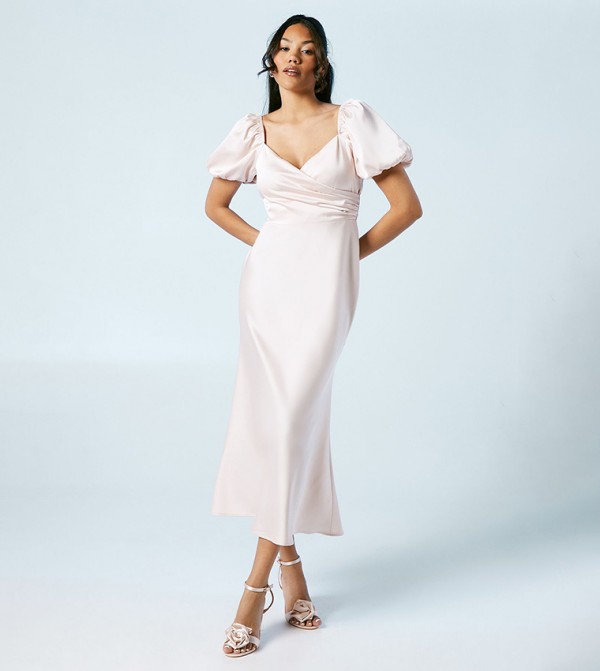 Puff Sleeves Satin Wrap Top Bridesmaids Dress