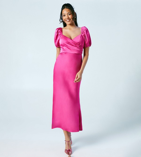 Puff Sleeves Satin Wrap Top Bridesmaids Dress