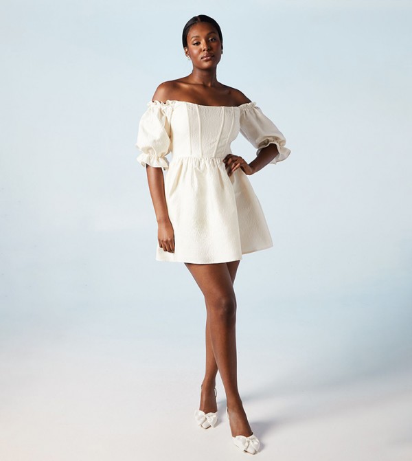 Off Shoulder Puff Sleeves Jacquard Bridal Mini Dress