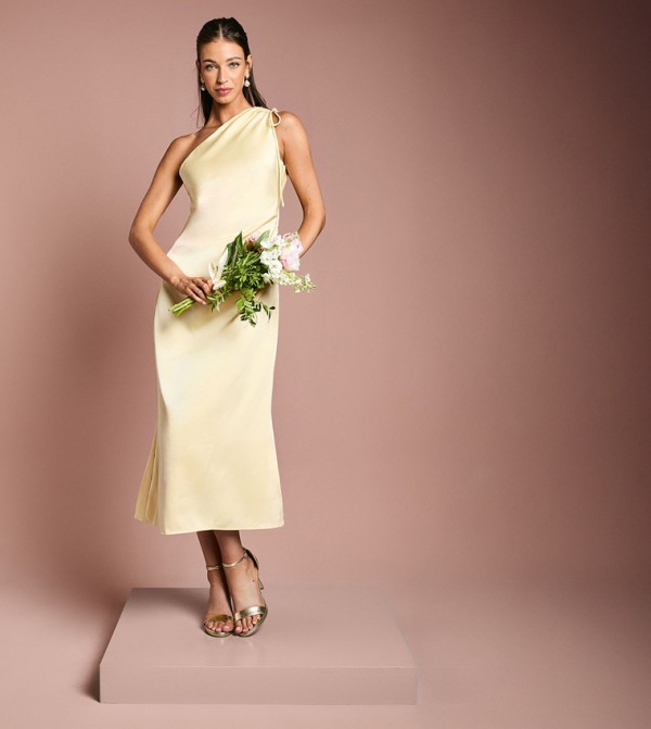 Ruched Side One Shoulder Satin Bridesmaid Midi Dress