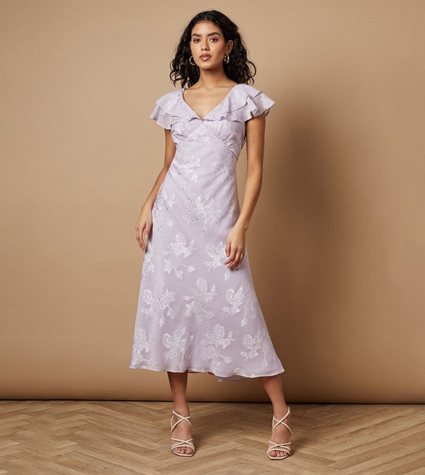 Petite Jacquard Satin Ruffle Midi Dress
