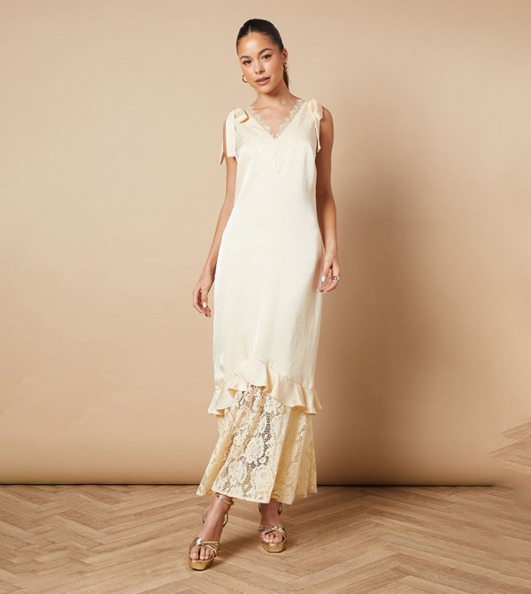 Satin Lace Tie Shoulder Maxi Dress