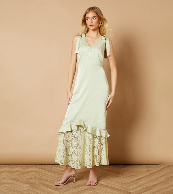 Satin Lace Tie Shoulder Maxi Dress