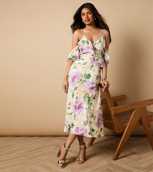 Petite Floral Satin Burnout Cold Shoulder Midi Dress