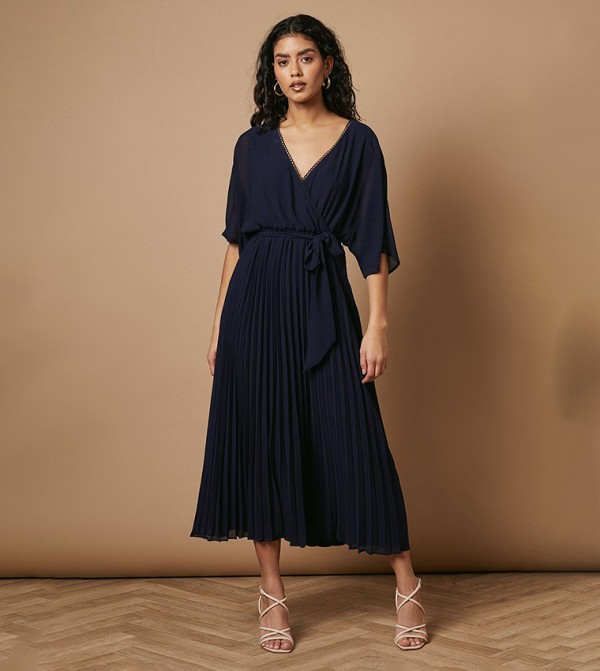 Petite Kimono Sleeves Pleated Midi Dress