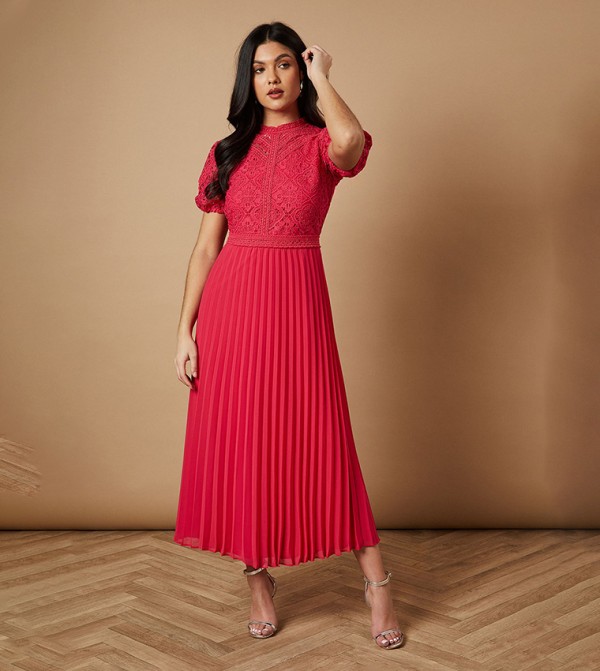Lace Puff Sleeves Pleated Midi Dress