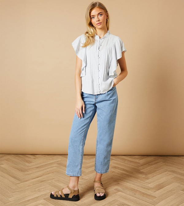 High Neck Button Through Lace Trim Top