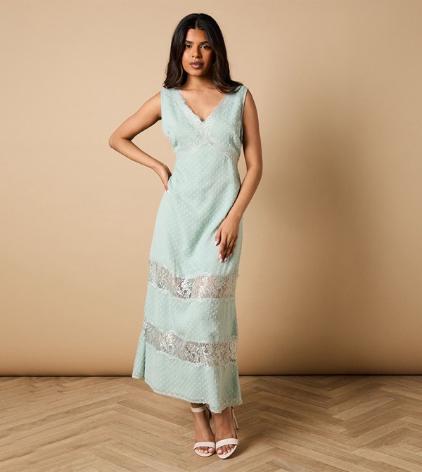 Petite Dobby Chiffon Lace Insert Midi Dress