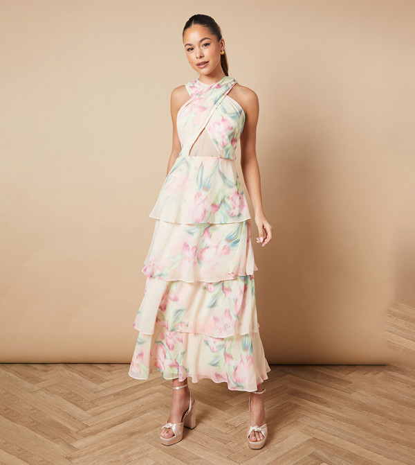 فستان ماكسي شيفون وطبقات بياقة هالتر وطبعة 