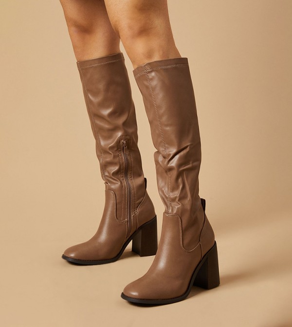 Kayin Square Toe High Block Heel Knee High Boots