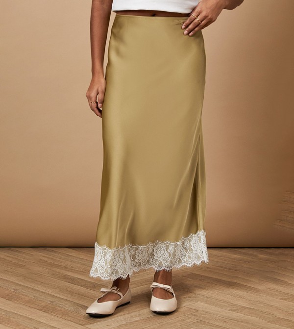 Satin Bias Cut Lace Hem Maxi Skirt