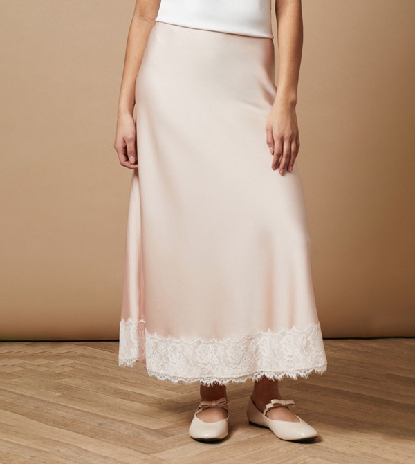 Petite Satin Bias Cut Lace Hem Maxi Skirt