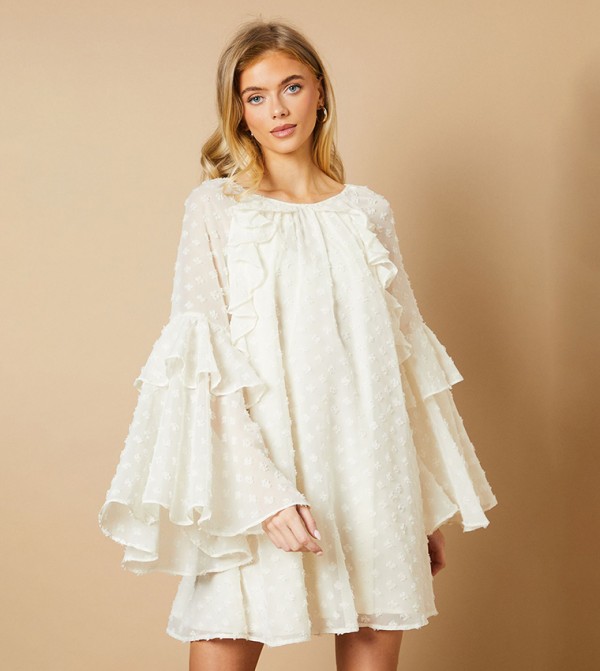 Self Patterned Ruffle Sleeves Mini Dress