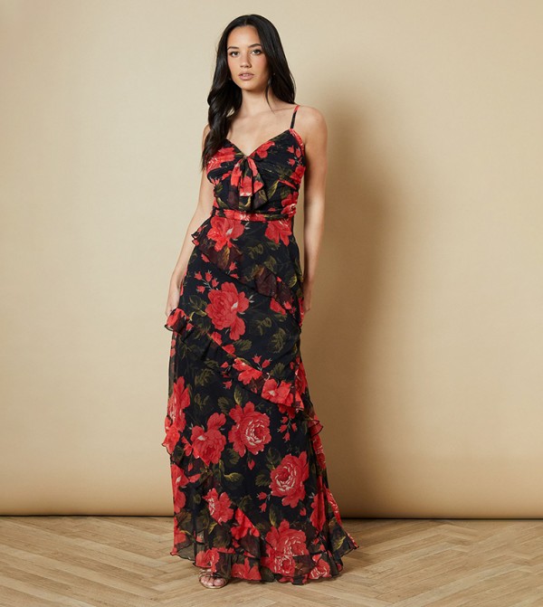 Printed Chiffon Ruffle Detail Maxi Dress