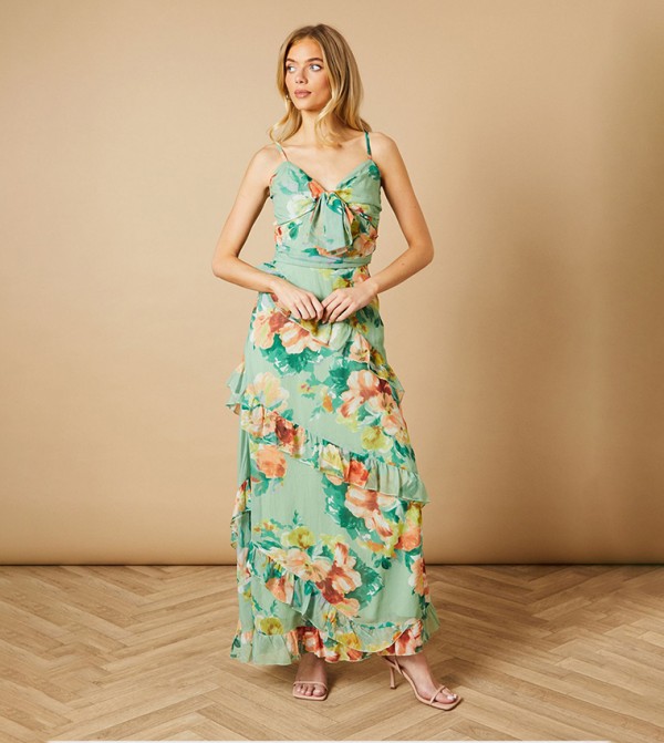 Floral Print Waist Detail Ruffle Maxi Dress