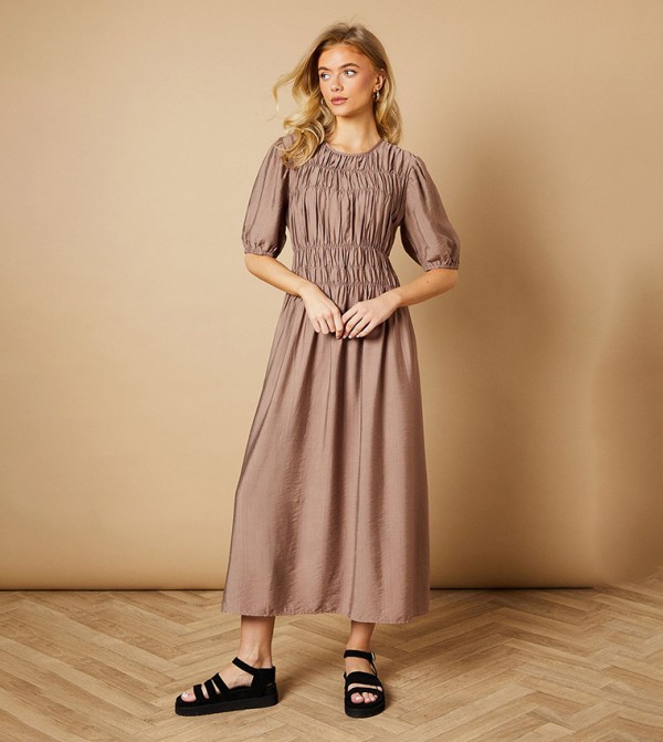 Shirred Bodice Puff Sleeves Maxi Dress