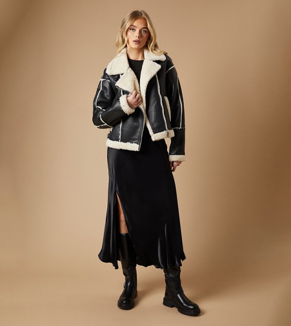 PU Borg Detail Collared Zip Jacket